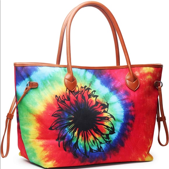 Large Tote Bag Canvas Tie Dye Sunflower Overnight Bag with Two Sturdy Shoulder - Picture 1 of 7